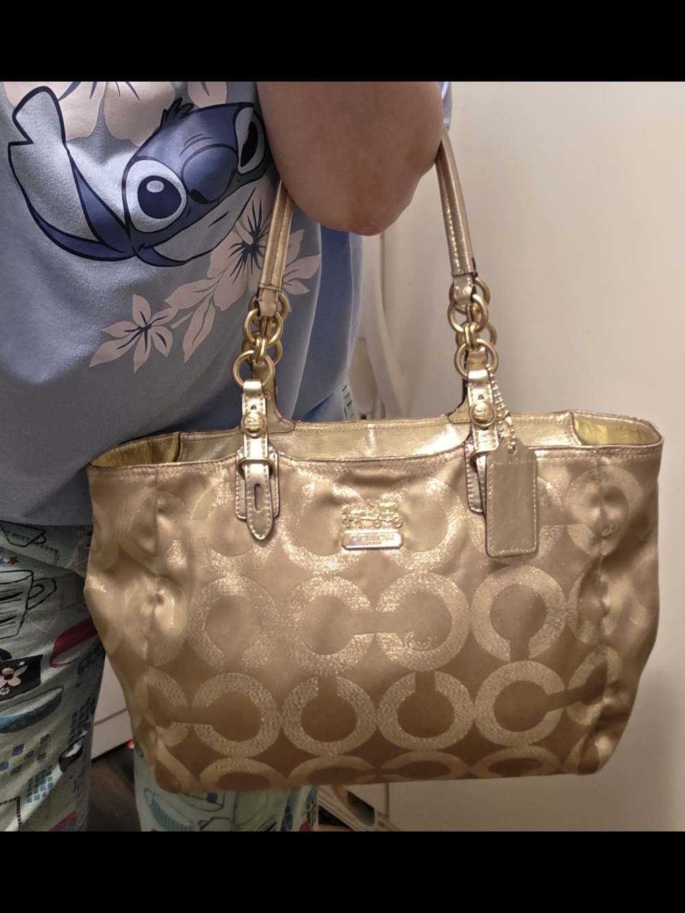 Like New Coach Metallic Gold Signature Jacquard Shoulder Tote